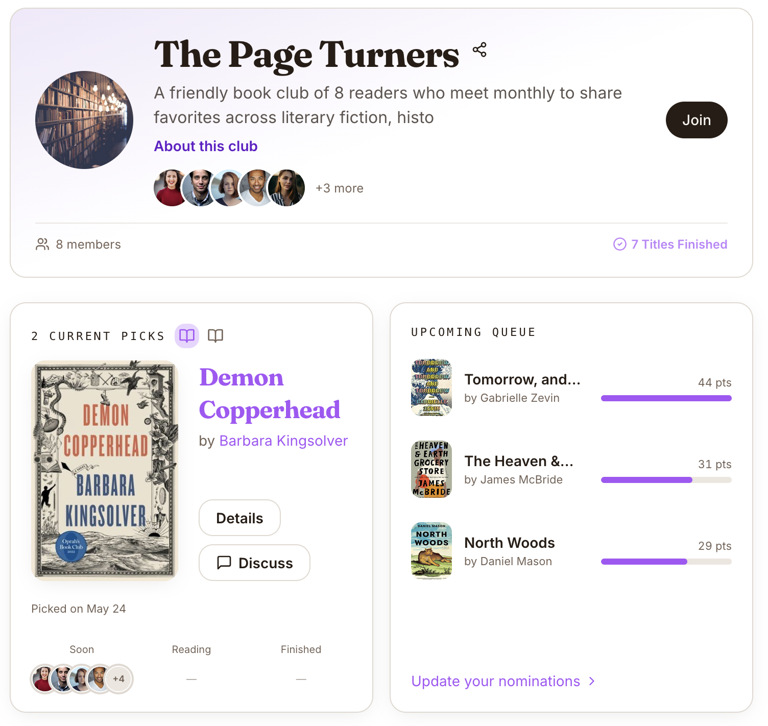 A Bontent book group page showing current picks and upcoming queue