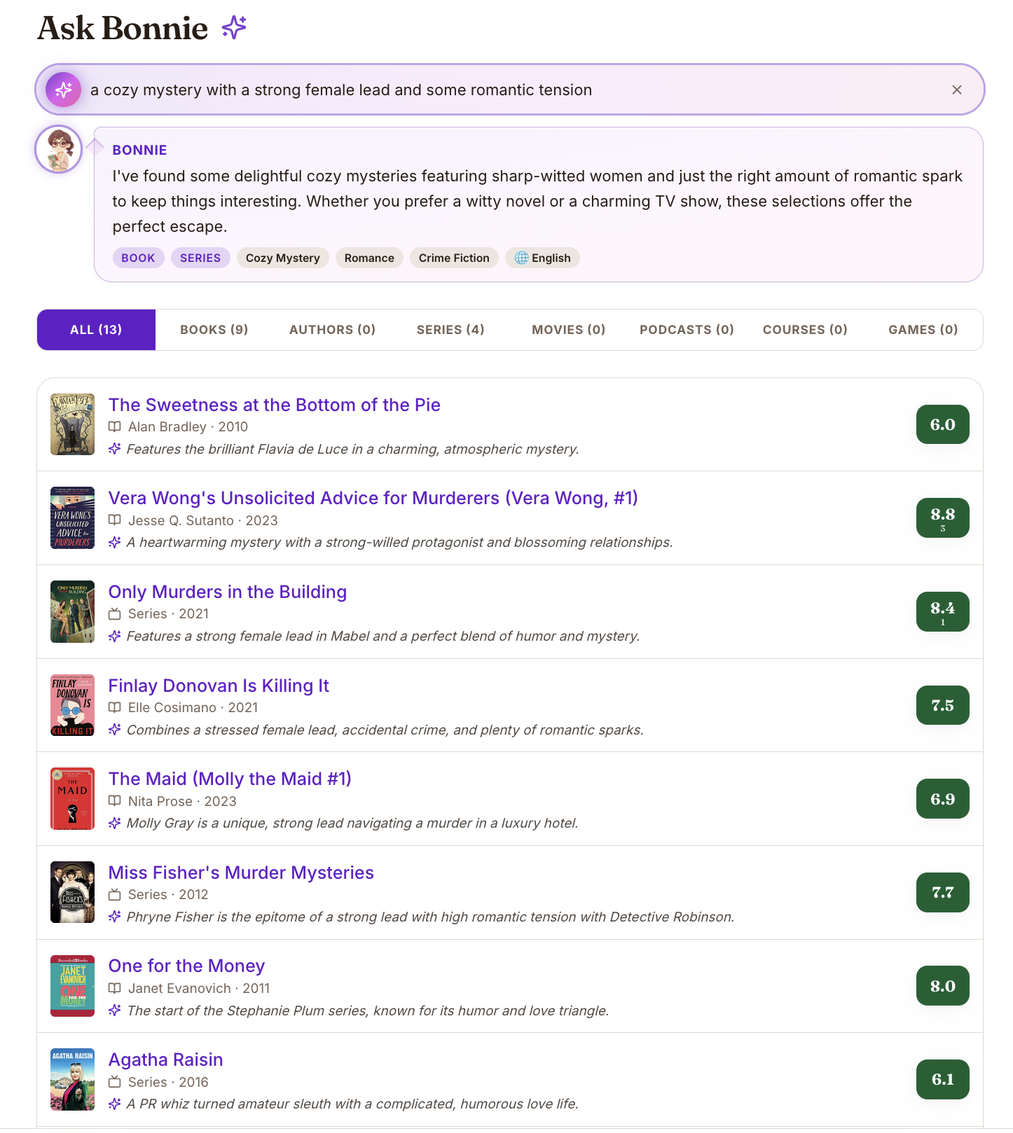 Ask Bonnie returning a curated list of cozy mystery books and series