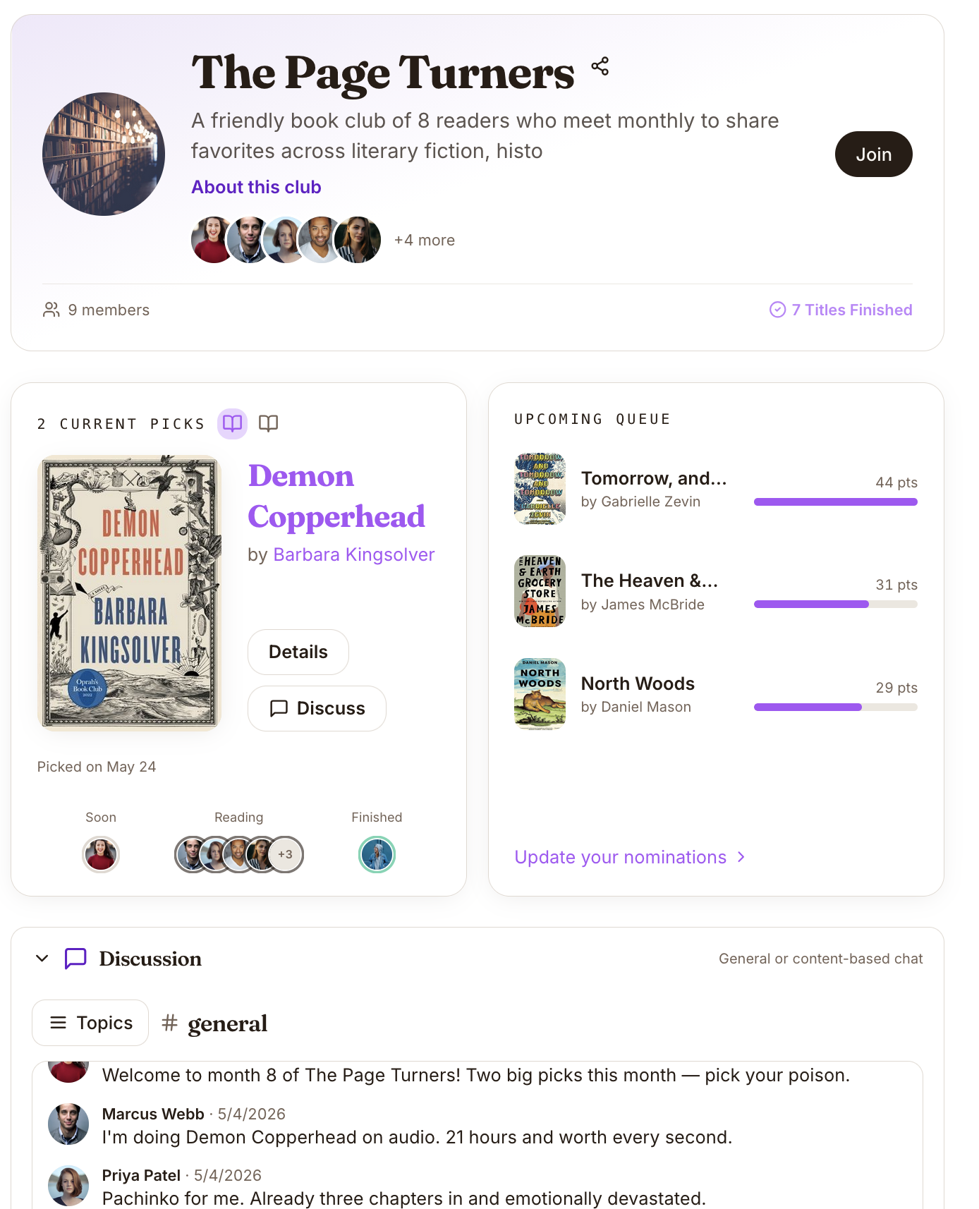The Page Turners book group page with current picks, upcoming queue, and discussion