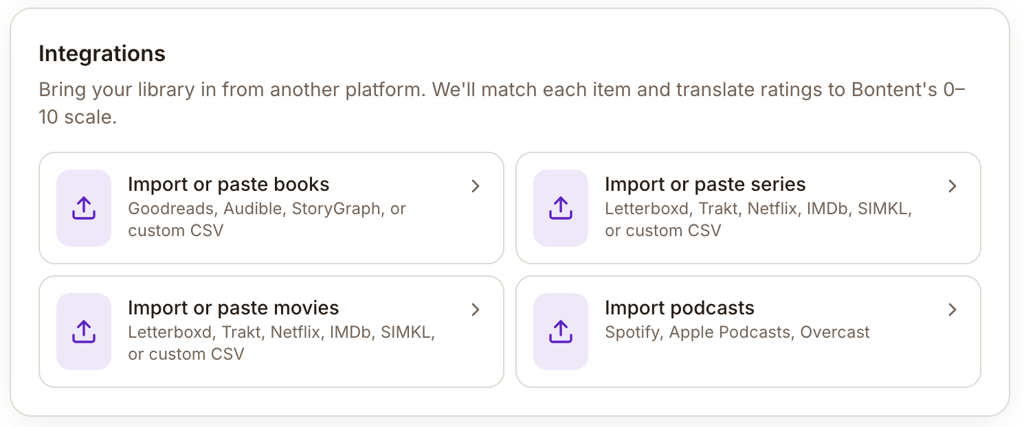 Integrations panel with one-click import options for books, series, movies, and podcasts
