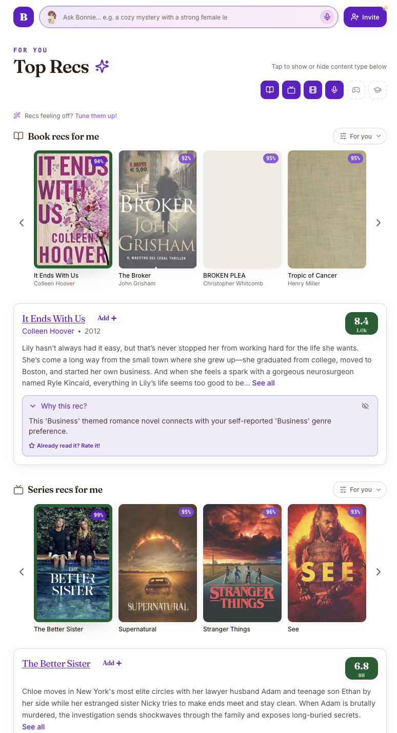 Top Recs page showing book and series recommendations across multiple media types